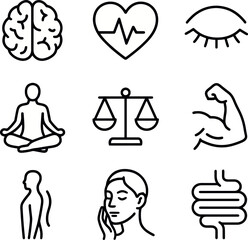 Outline wellness icon set illustrating mind focus, heart pulse, eye comfort, yoga posture, equilibrium scales, strength flex, body alignment, skincare, and gut wellness.