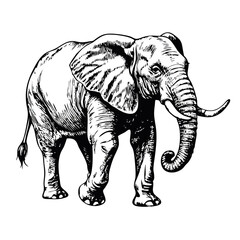 Fototapeta premium Vintage Elephant Walking Illustration with Detailed Wrinkles and Curved Trunk in Ink Style