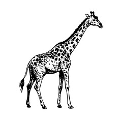 Vintage Giraffe Drawing in Profile with Elegant Neck and Inked Spot Patterns.