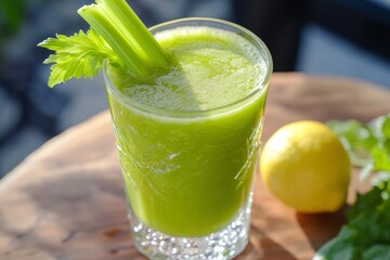 Refreshing green juice made from fresh celery and lemon sits in a glass on a wooden surface. The vibrant color suggests health and vitality, perfect for detoxing or energizing
