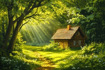 Cartoon Cabin: Sunlight Peeking through Trees in a Charming Forest Meadow