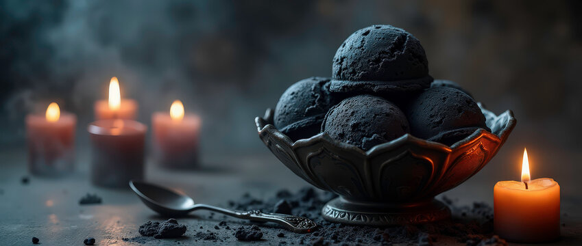 Hauntingly gothic black ice cream in ornate bowl, surrounded by eerie atmosphere with glowing candles and mist. perfect for Halloween themed designs or spooky occasions