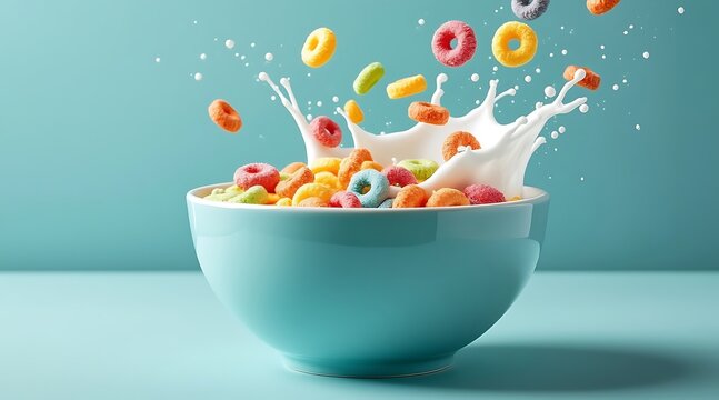 Colorful cereal splash in blue bowl