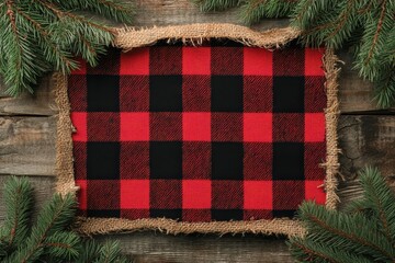 Buffalo Check Christmas Card. Red and Black Plaid Ribbon Border with Burlap and Tree Branches on Wooden Background