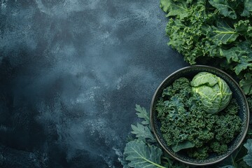 Bowl of Kale. Healthy Diet Concept with Green Cabbage Leaves and Copy Space Background