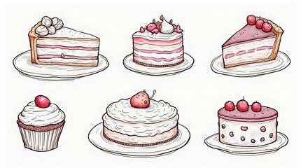 Set of hand drawn wedding and birthday cakes, cupcakes and pies. Whimsical doodle desserts illustrations. Coquette bakery items. Line art sweet pastry food