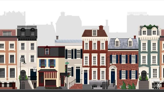Endless animation of a cozy city street with traffic lights and street lamps.