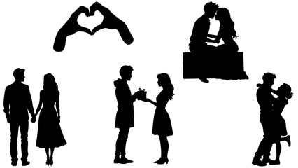 Stylish Silhouette Vector Set of Romantic Love Couples - Sitting, Hugging, Gifting and More