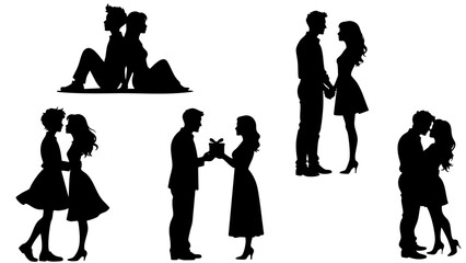 Stylish Silhouette Vector Set of Love Couples - Hugging, Sitting and Romantic Moments