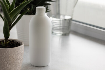 A white bottle with medicinal aloe juice on the background of an aloe flower and a carafe of water. The concept of using natural plants in treatment and cosmetology with copy space
