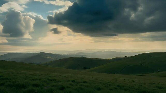 Sunlight breaking through clouds over rolling hills
