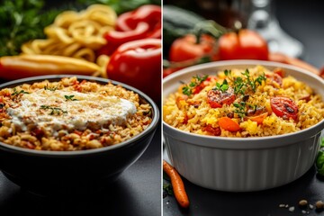 On the left, a processed food meal appears rich and creamy, while on the right, a fresh homemade dish showcases colorful vegetables and herbs, emphasizing health and nutrition