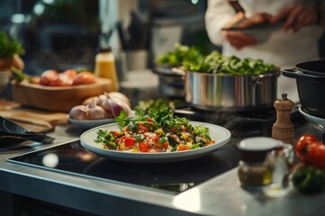 Fresh ingredients are transformed into a healthy, beautifully plated dish through careful meal prep in a modern kitchen, showcasing vibrant colors and textures throughout the process