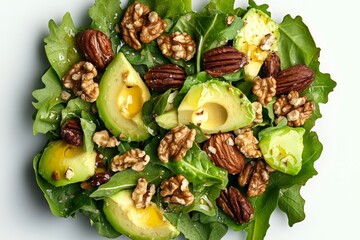 This colorful salad features a vibrant mix of leafy greens topped with ripe avocado slices and a generous serving of walnuts. Perfect for a healthy meal at any time