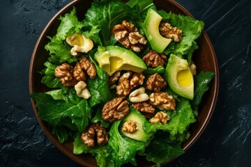 Fresh leafy greens mix with sliced avocado and walnuts in a beautifully arranged salad. The top-down perspective highlights the rich textures and vibrant colors, perfect for a nutritious meal