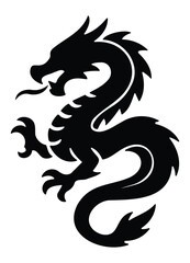 Black dragon silhouette icon with coiled body and fierce expression in bold Asian-style illustration.