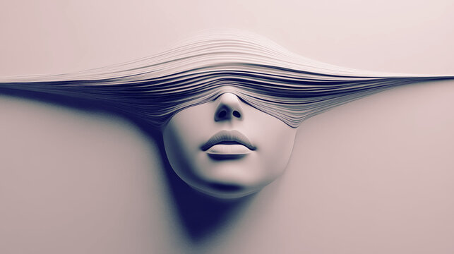 Stylized abstract face with flowing paper-like strands covering the eyes on a minimalist background