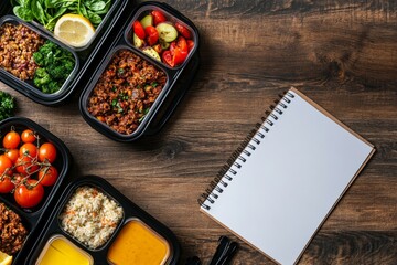 Colorful meal prep containers filled with nutritious food rest on a wooden table. A notepad sits nearby, ready for meal planning and organization, emphasizing healthy eating habits