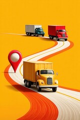 Colorful trucks on winding roads with vibrant marker icon over yellow background
