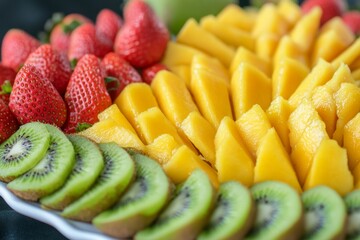 This colorful fruit platter showcases neatly sliced mango, kiwi, and fresh strawberries arranged beautifully. It is a healthy snack option ideal for fitness enthusiasts and gatherings