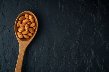 A wooden spoon filled with raw almonds rests on a dark textured surface, showcasing the elegant simplicity of healthy snacking. The 8K resolution emphasizes the intricate details