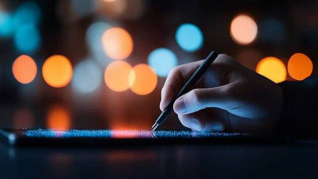 Hand use stylus on digital tablet for art design note taking technology concept
