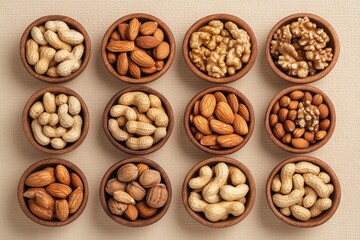 A variety of nuts is thoughtfully arranged in small wooden bowls against a textured beige background. This colorful display highlights different types of nuts, inviting a healthy snacking experience