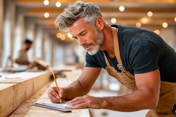 Carpenter working carefully in a workshop measuring wooden pieces for precise crafting
