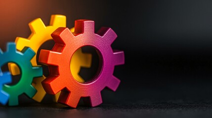 An artistic representation of different colored gears interlocking perfectly, symbolizing a diverse team working towards a common goal with a visible operational efficiency strategy, representing