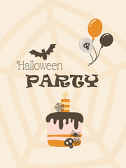 Cute Halloween vertical card. Pumpkin, gifts and decoration. Hand-drawn vector illustration in flat style.