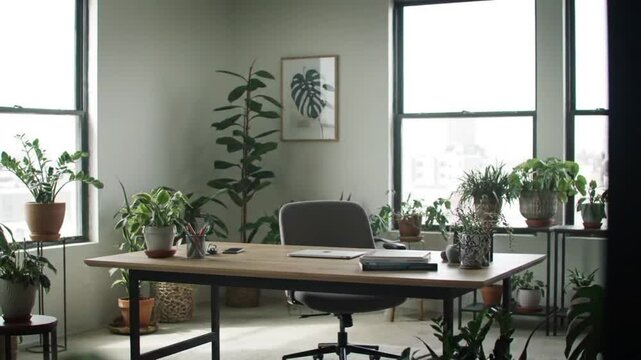 A bright office space filled with plants, featuring a desk, chair, and large windows for natural light