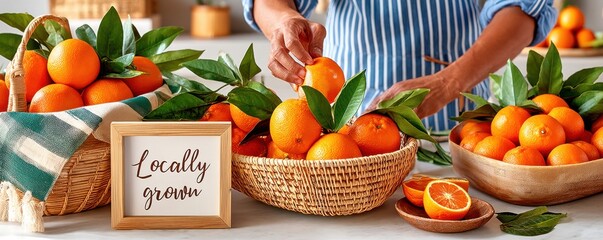 Freshly harvested oranges in baskets promoting locally grown produce on a sunny day
