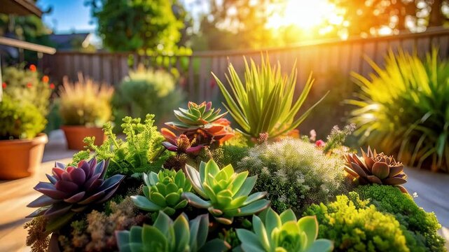 Close-up showcasing a variety of succulent plants arranged in a terracotta pot, set on a wooden patio bathed in warm, golden sunlight outdoors.