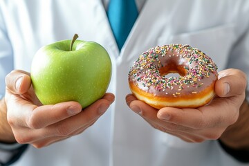 A male dietitian stands holding an apple in one hand and a doughnut in the other, visually contrasting healthy and unhealthy food choices. This close-up emphasizes dietary decisions