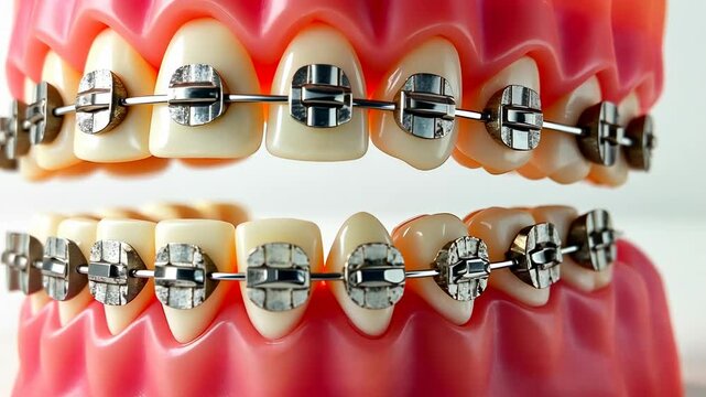 Braces dental, orthodontic treatment, smile correction. Dental alignment. Brackets increase teeth stability. Aligners ensure proper occlusion. Orthodontics improves jaw functionality.