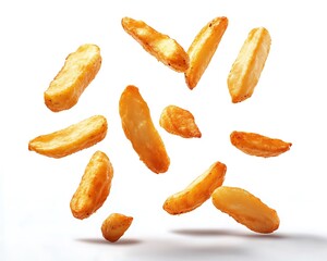 
Batatas fritas crocantes caindo no ar, flutuando no ar, isoladas em fundo branco. Comida, fritura. Papas fritas. French fries. Alimento gorduroso.

