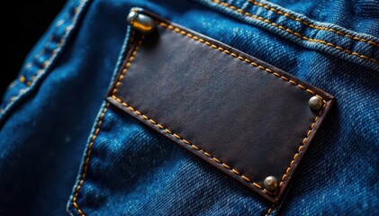 Classic blue denim jeans, blank leather patch, jeans, photography, retro