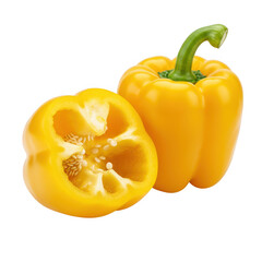 Fresh yellow bell pepper halved and whole isolated on transparent background