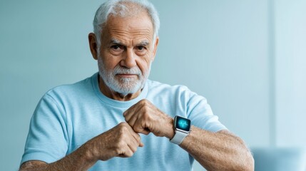 Elderly Man Tracking Fitness Goals with Smartwatch in Modern Home Setting Digital Lifestyle Focus