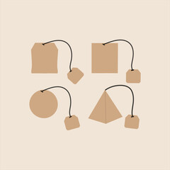 Tea bag icon set. Teabag vector symbol. a set of four different types of Tea bag with different shapes. Herbal drink packaging label isolated illustration.