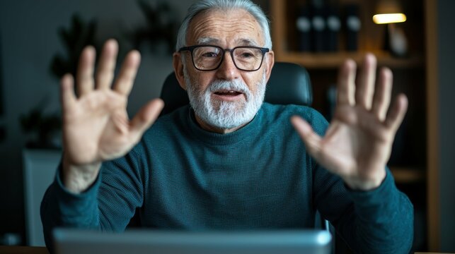 Elderly Man Engaging in Virtual Connection Home Office Video Call Cozy Setting Close-up Technology