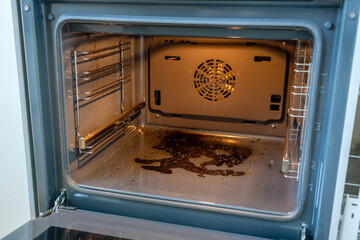 Close up inside view of dirty oven with deposits on bottom