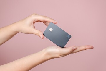 Close up elegant hand hold a blank credit card with online service for mockup isolated on pink background. Modern way of banking and buying