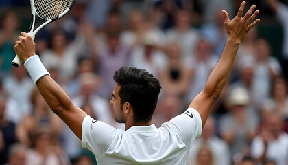 Jugador de tenis celebrando la victoria de un partido con el público de fondo