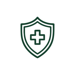 Obraz premium Medical health shield icon with cross symbol in green outline 