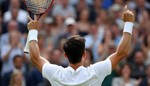 Jugador de tenis celebrando la victoria de un partido con el p&uacute;blico de fondo