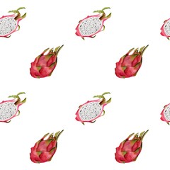 Seamless watercolor pattern with dragon fruits, whole and sliced. Vibrant and exotic summer design for fabric, packaging and digital products. Isolated on white.