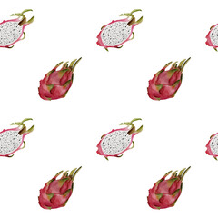 Seamless watercolor pattern with dragon fruits, whole and sliced. Vibrant and exotic summer design for fabric, packaging and digital products. Isolated on white.