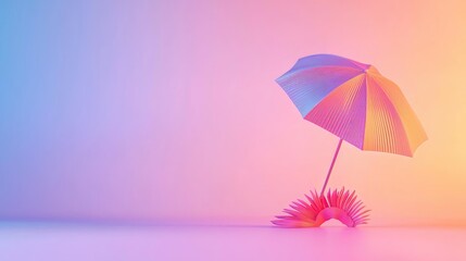 Vibrant striped umbrella at sunset beach