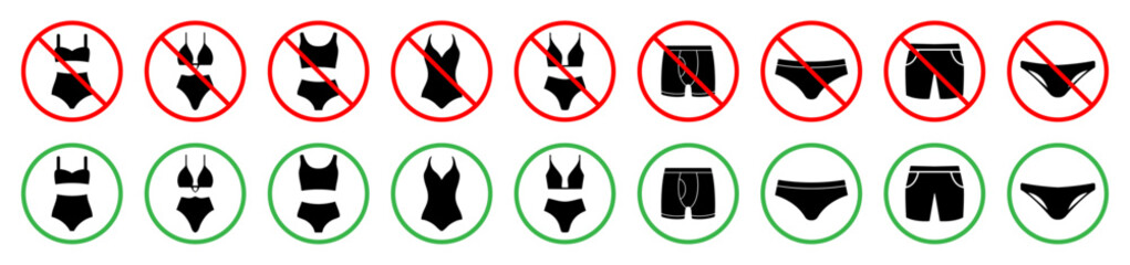 Vector icon set showing acceptable and unacceptable swimwear at a beach or pool. Includes approved and banned male and female swimsuit styles. Ideal for signs and safety guidelines.